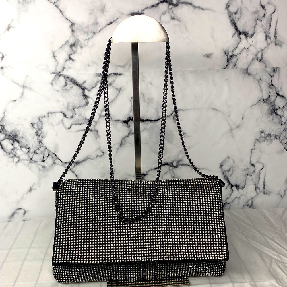 Topshop Diana Diamante Clutch Bag -Elegant Black and Silver Women's Bag - Picture 3 of 13